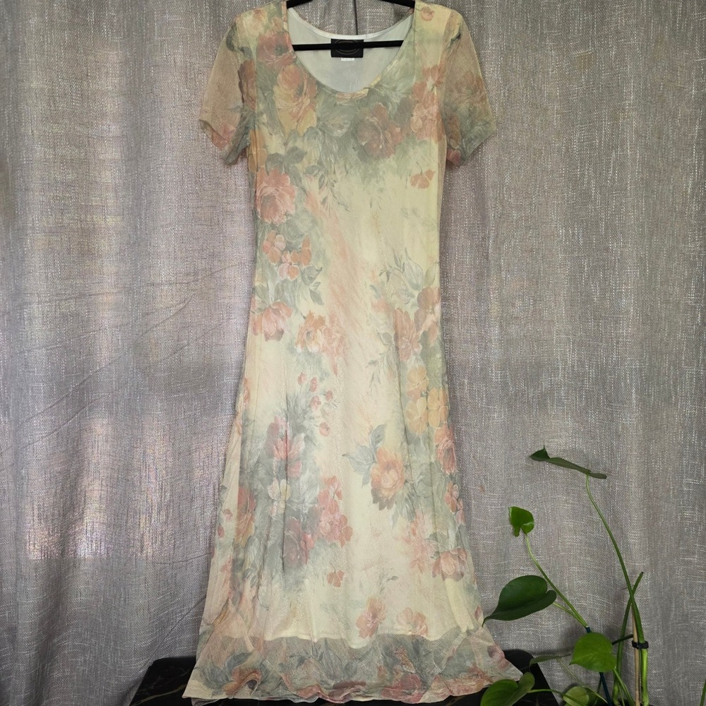 Vtg 90s Max Taylor Floral Mesh Midi Dress 14 Lettuce Hem Fairy Whimsigoth USA